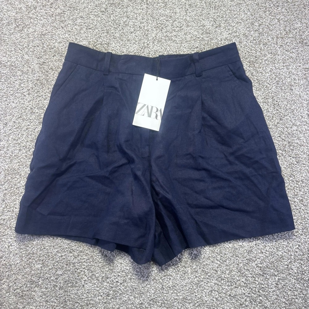 Zara Shorts Mens Medium Blue Linen Blend Pleated Chino Relaxed 5 Inseam 9929/221
